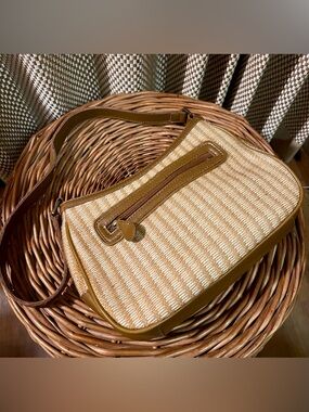 Liz Claiborne Woven Straw and Brown Faux Leather Shoulder Bag